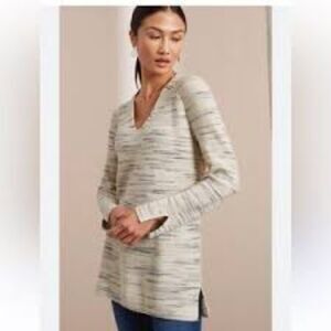 j.jill purejill V-Neck Sweater Rib Knit Marled Gray/Cream Women's Sz M/Petite